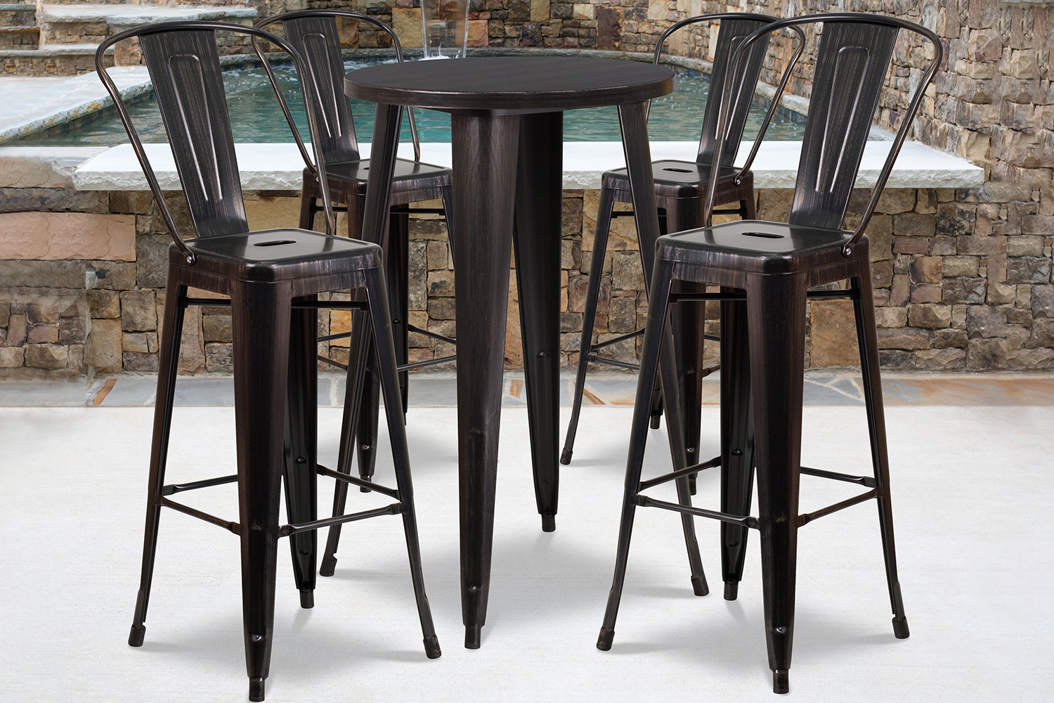 BLNK Dexter Commercial Round Metal Indoor-Outdoor Bar Table Set with 4 Cafe Stools