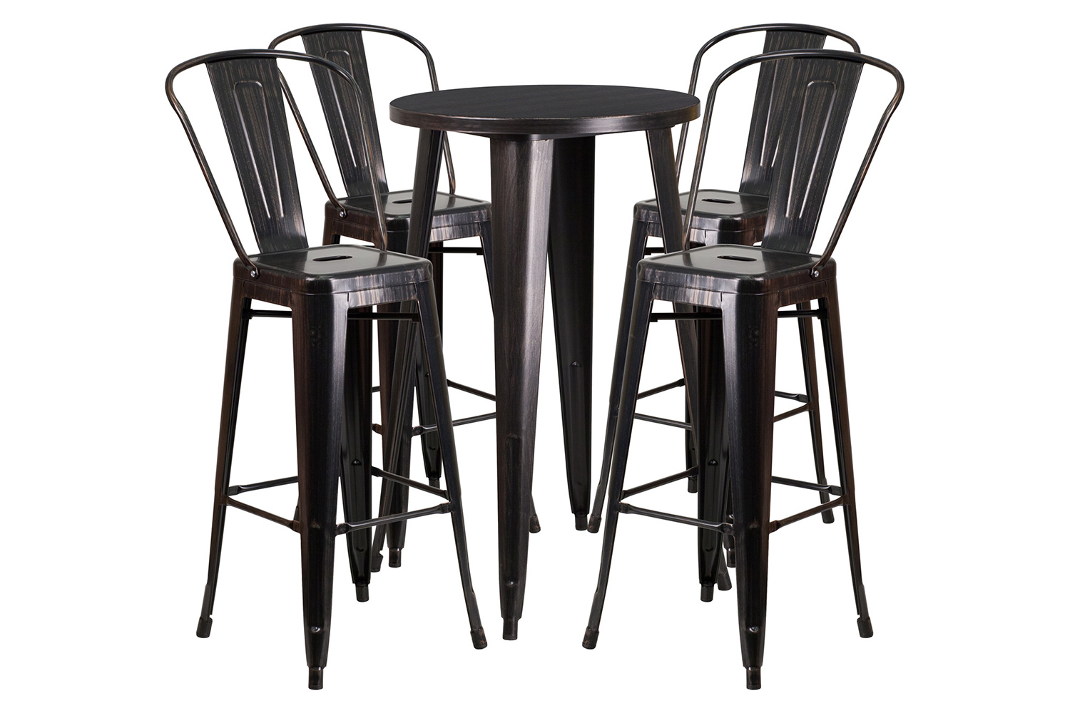 BLNK Dexter Commercial Round Metal Indoor-Outdoor Bar Table Set with 4 Cafe Stools - Black/Antique Gold