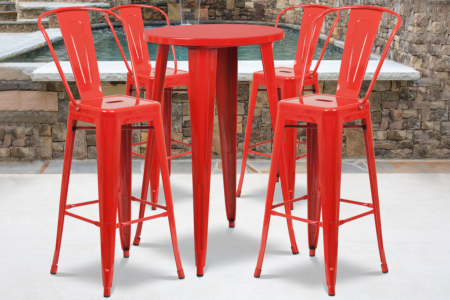 BLNK Dexter Commercial Round Metal Indoor-Outdoor Bar Table Set with 4 Cafe Stools