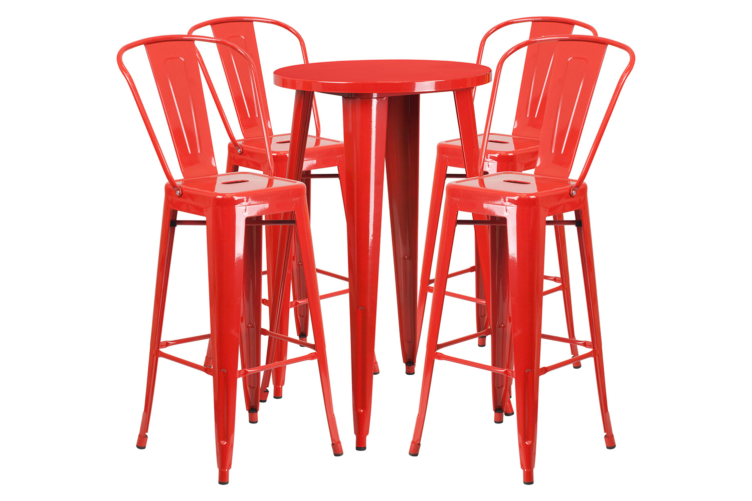 BLNK Dexter Commercial Round Metal Indoor-Outdoor Bar Table Set with 4 Cafe Stools - Red