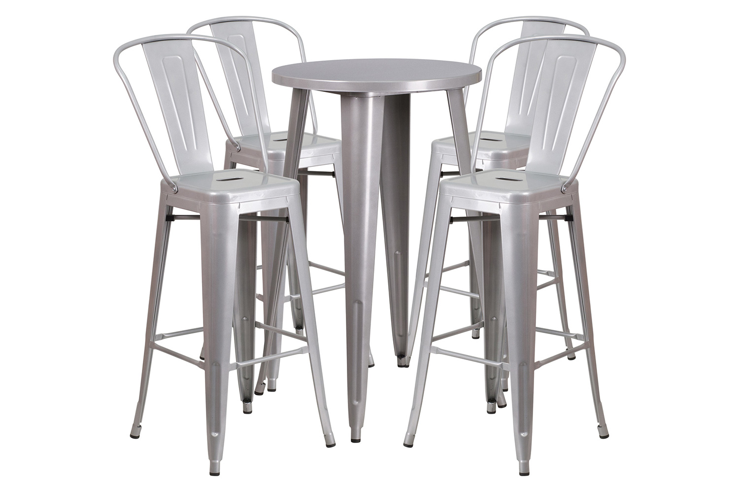 BLNK Dexter Commercial Round Metal Indoor-Outdoor Bar Table Set with 4 Cafe Stools - Silver