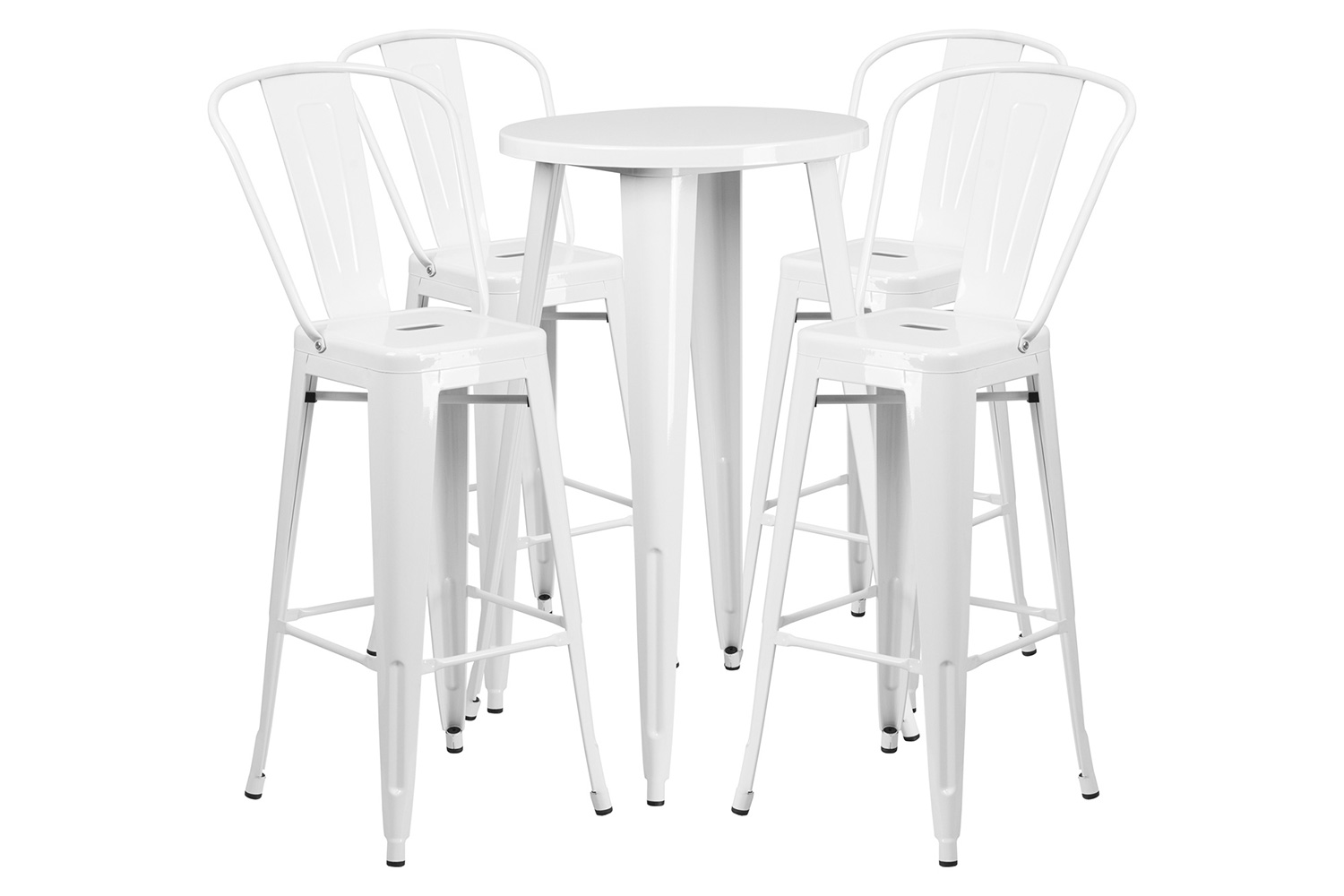 BLNK Dexter Commercial Round Metal Indoor-Outdoor Bar Table Set with 4 Cafe Stools - White