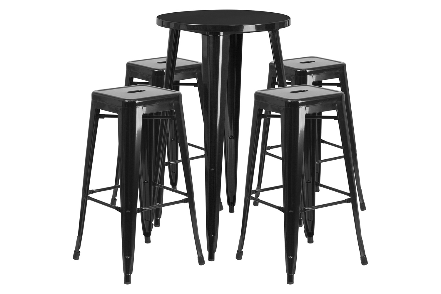 BLNK™ Ormsby Commercial Round Metal Indoor-Outdoor Bar Table Set with 4 Square Seat Backless Stools - Black