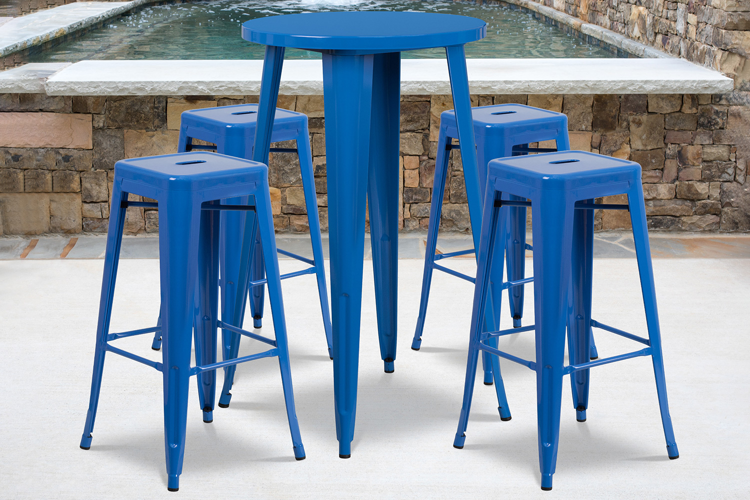 BLNK Ormsby Commercial Round Metal Indoor-Outdoor Bar Table Set with 4 Square Seat Backless Stools