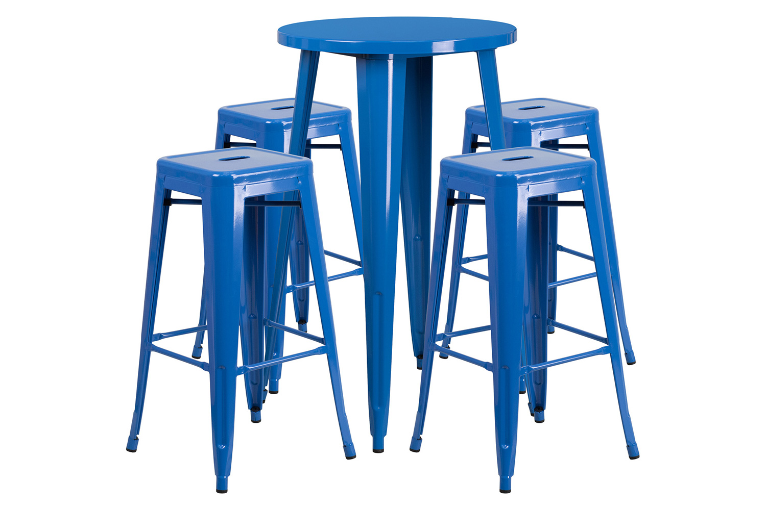 BLNK Ormsby Commercial Round Metal Indoor-Outdoor Bar Table Set with 4 Square Seat Backless Stools - Blue