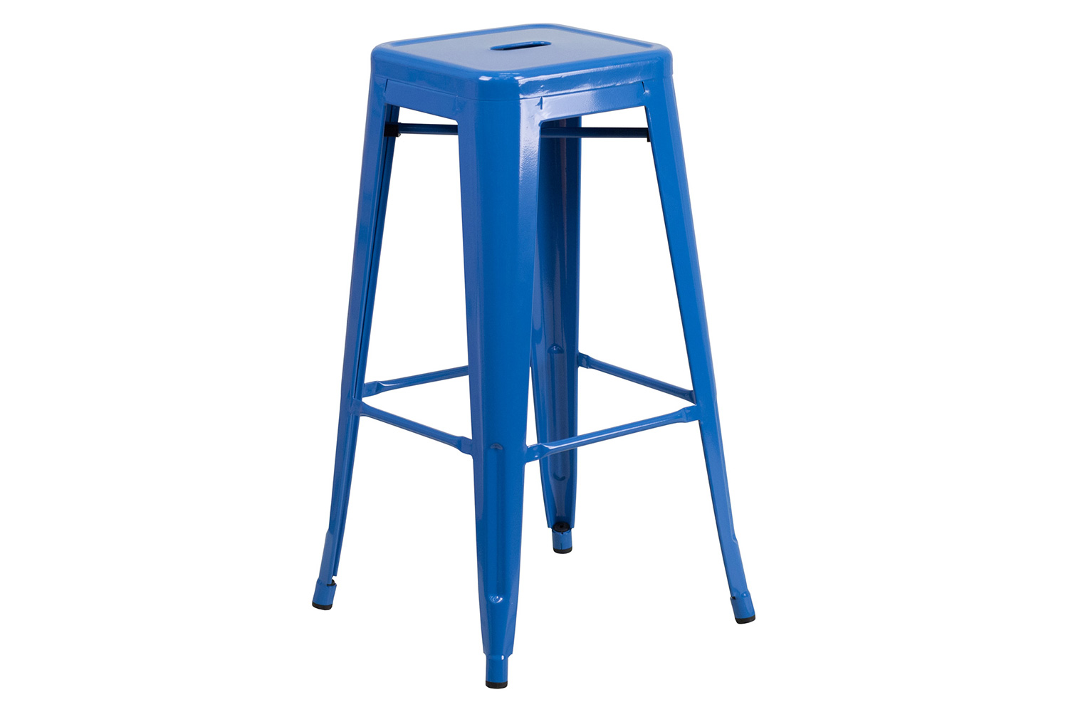 BLNK Ormsby Commercial Round Metal Indoor-Outdoor Bar Table Set with 4 Square Seat Backless Stools - Blue