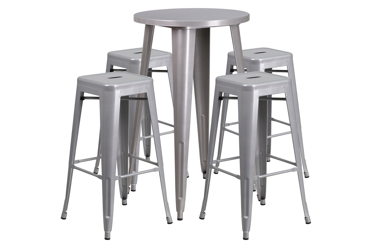 BLNK Ormsby Commercial Round Metal Indoor-Outdoor Bar Table Set with 4 Square Seat Backless Stools - Silver