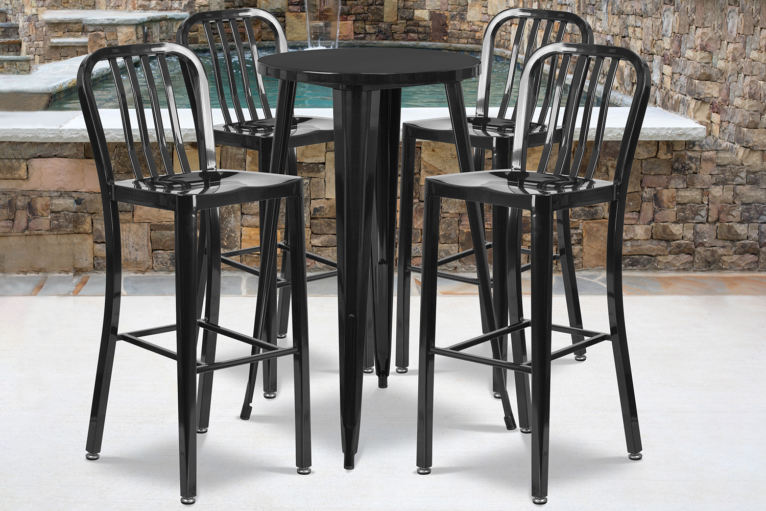 BLNK Richard Commercial Round Metal Indoor-Outdoor Bar Table Set with 4 Vertical Slat Back Stools