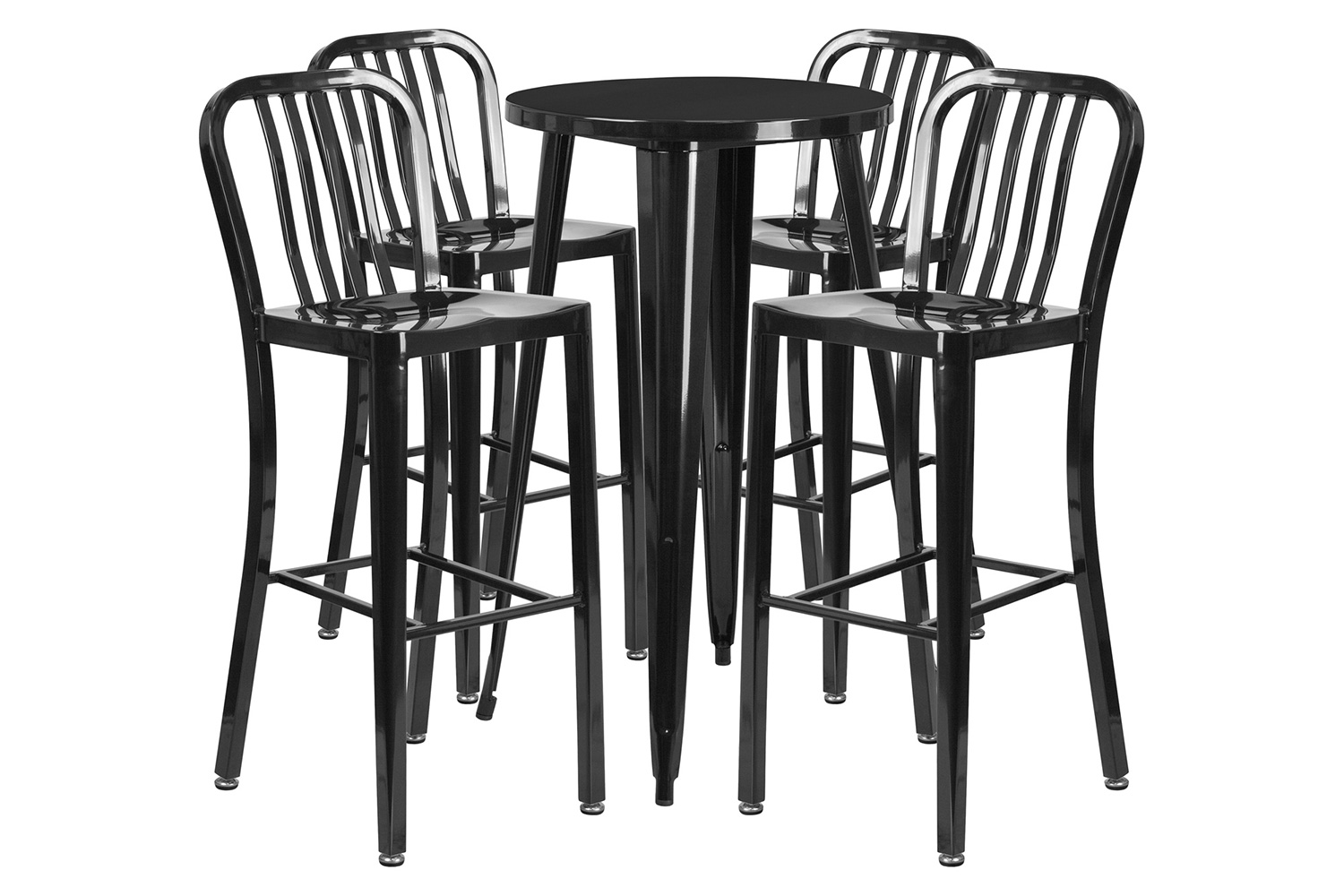 BLNK Richard Commercial Round Metal Indoor-Outdoor Bar Table Set with 4 Vertical Slat Back Stools - Black