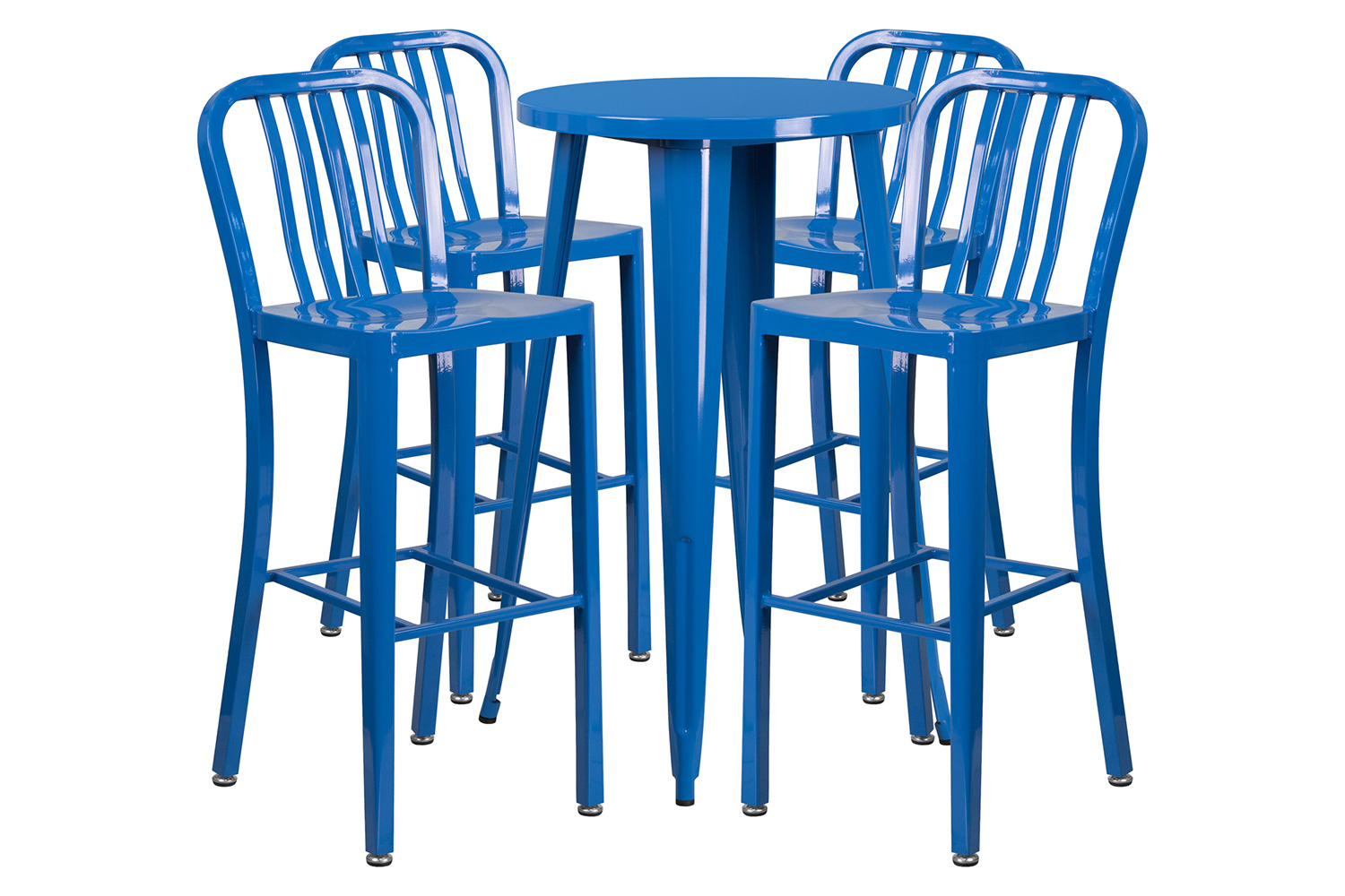 BLNK Richard Commercial Round Metal Indoor-Outdoor Bar Table Set with 4 Vertical Slat Back Stools