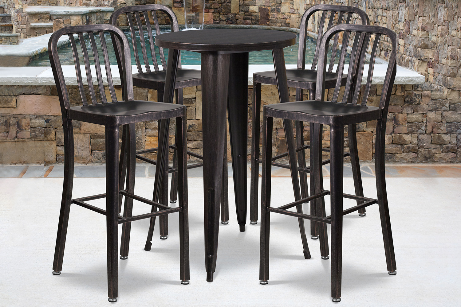 BLNK Richard Commercial Round Metal Indoor-Outdoor Bar Table Set with 4 Vertical Slat Back Stools