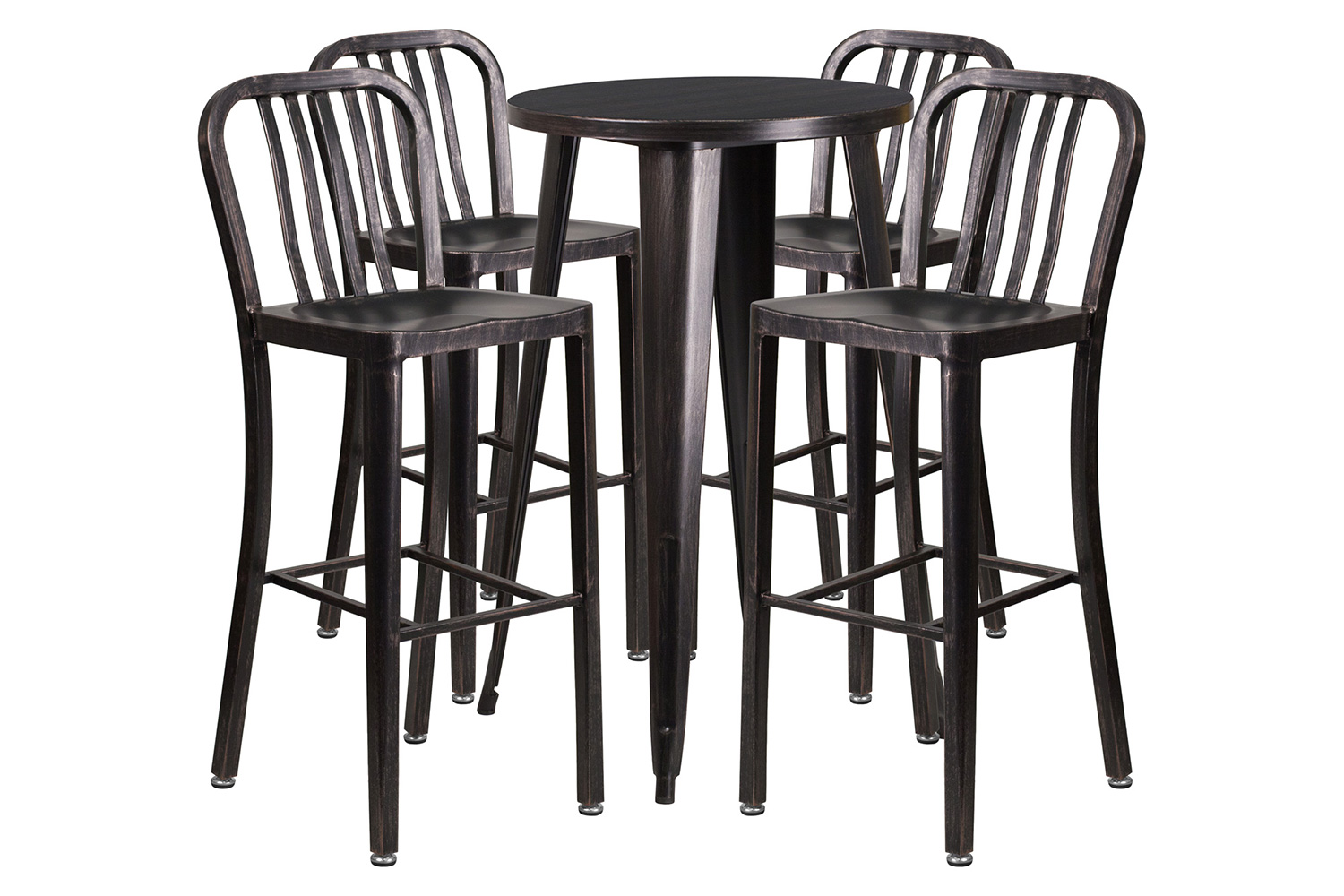 BLNK Richard Commercial Round Metal Indoor-Outdoor Bar Table Set with 4 Vertical Slat Back Stools - Black/Antique Gold