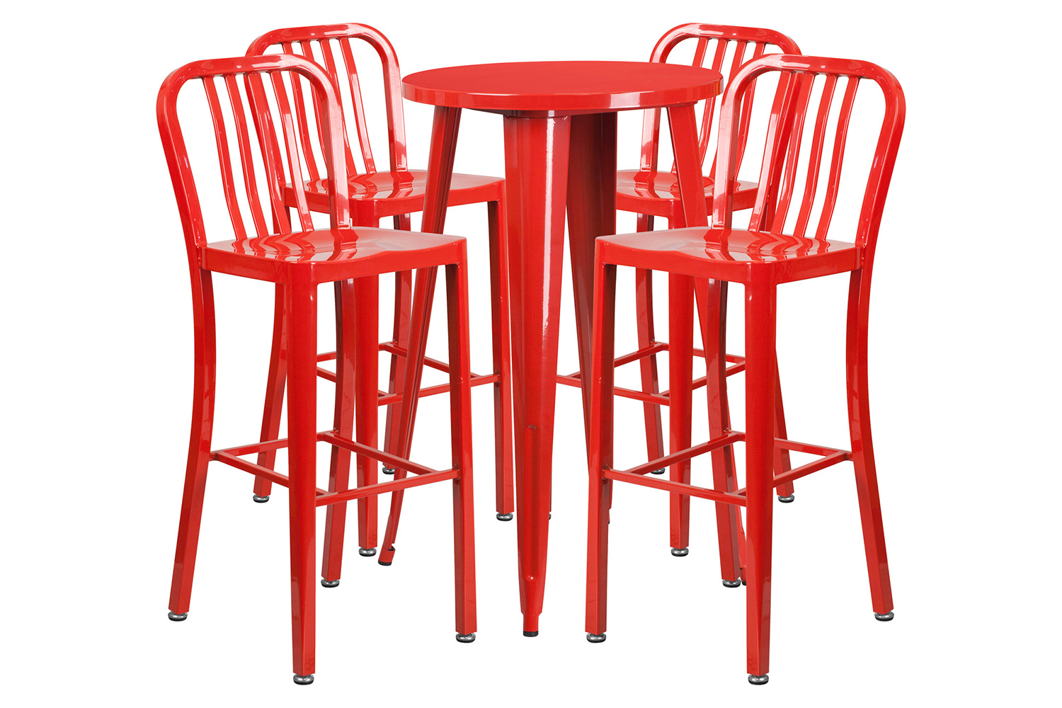 BLNK Richard Commercial Round Metal Indoor-Outdoor Bar Table Set with 4 Vertical Slat Back Stools - Red