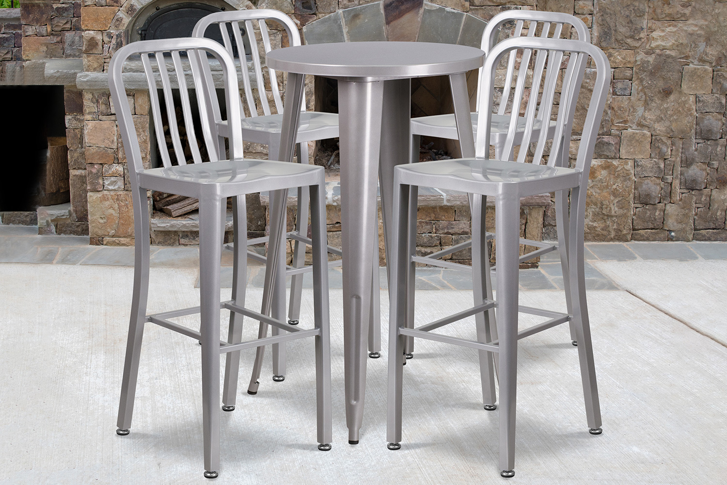 BLNK Richard Commercial Round Metal Indoor-Outdoor Bar Table Set with 4 Vertical Slat Back Stools