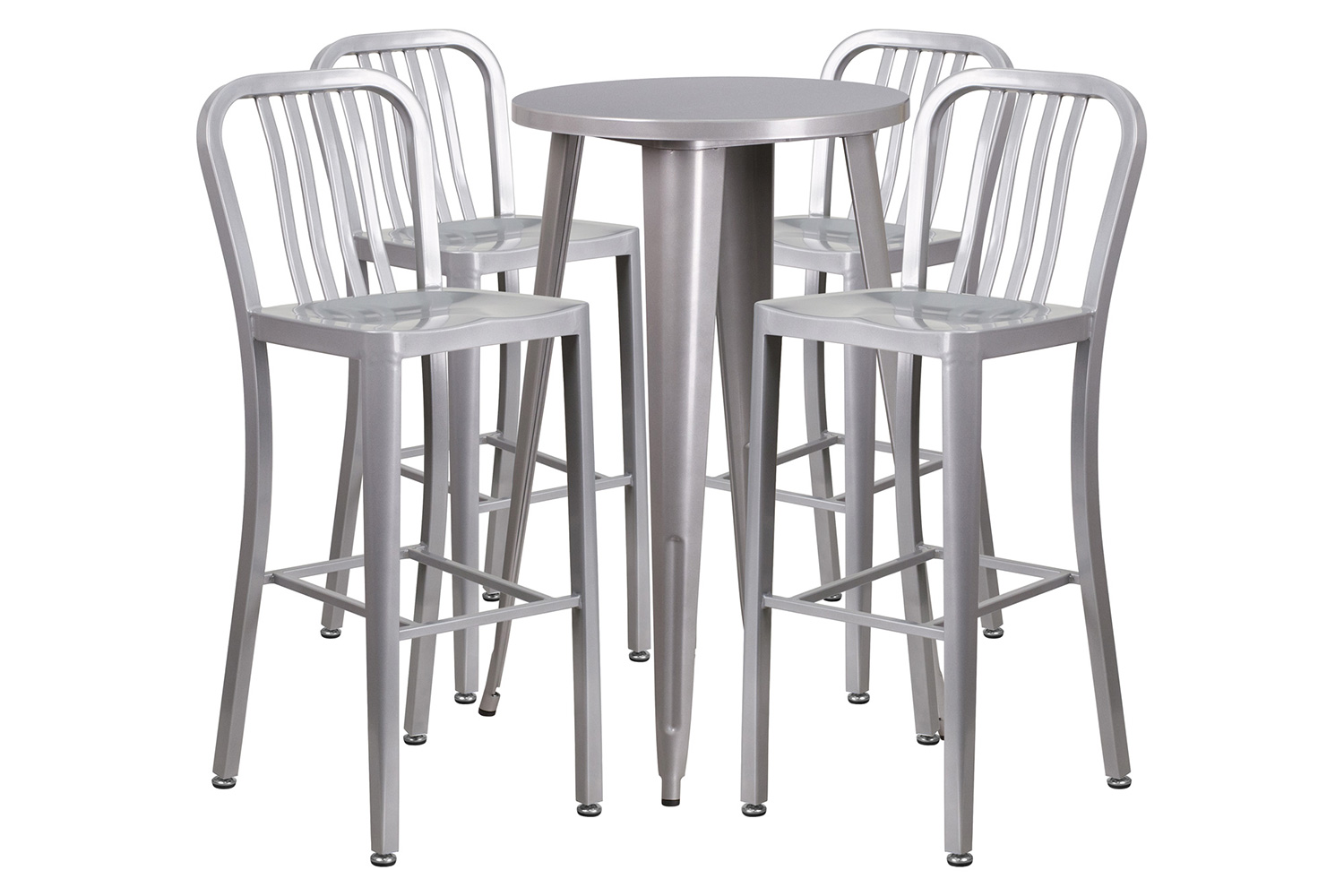 BLNK Richard Commercial Round Metal Indoor-Outdoor Bar Table Set with 4 Vertical Slat Back Stools - Silver