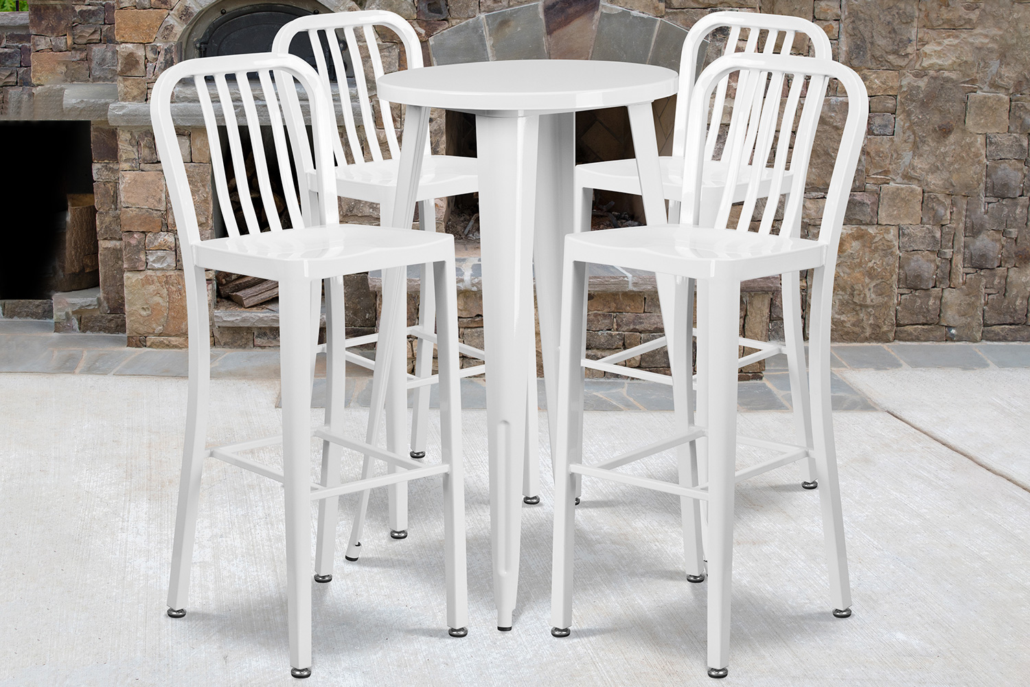 BLNK Richard Commercial Round Metal Indoor-Outdoor Bar Table Set with 4 Vertical Slat Back Stools