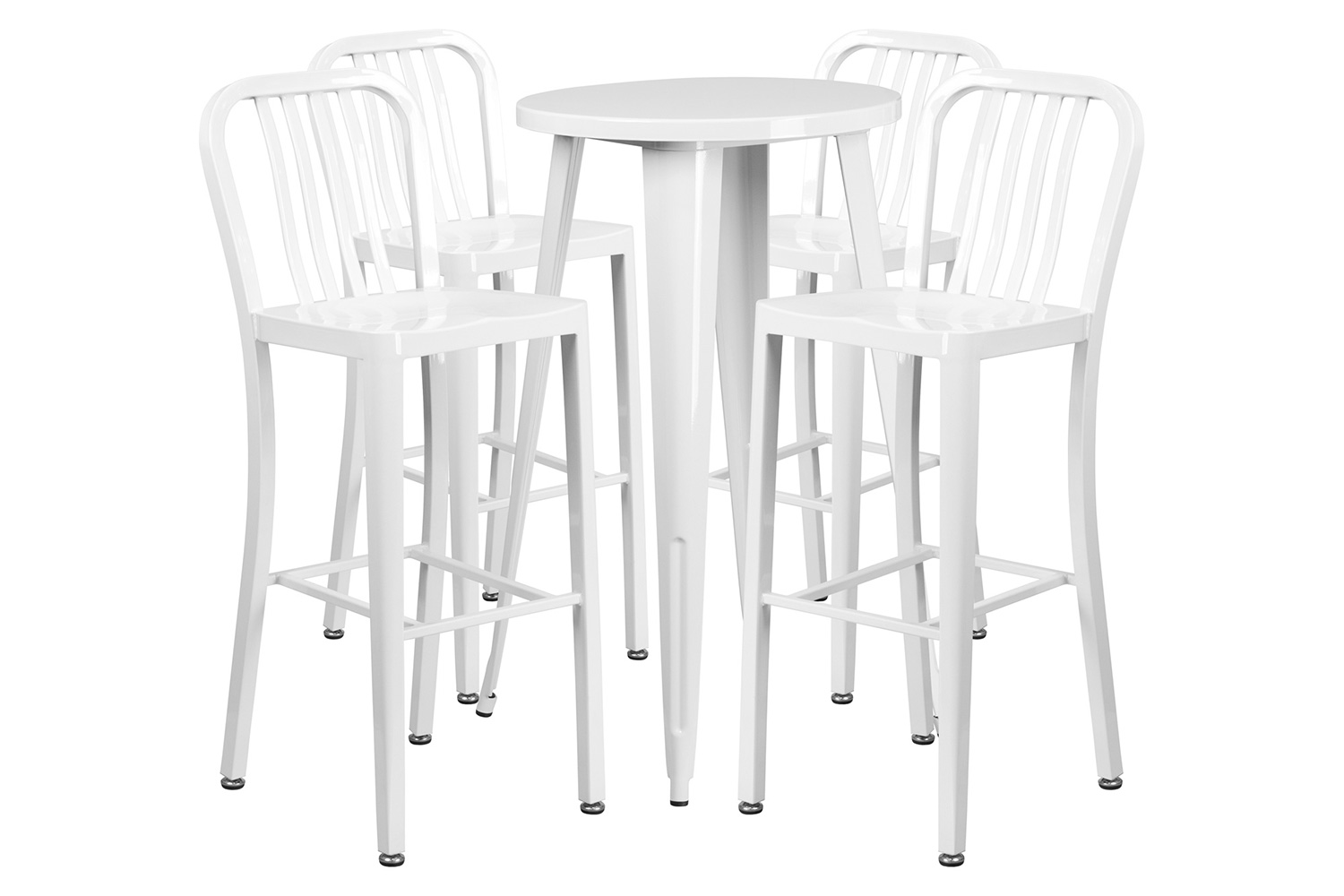 BLNK Richard Commercial Round Metal Indoor-Outdoor Bar Table Set with 4 Vertical Slat Back Stools - White