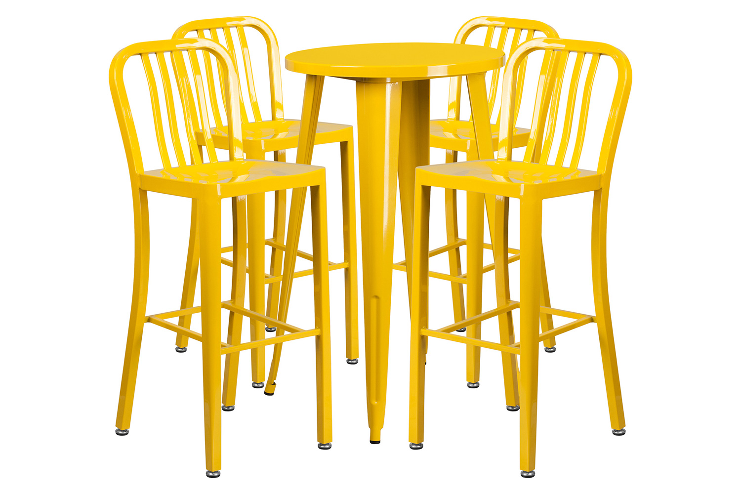 BLNK Richard Commercial Round Metal Indoor-Outdoor Bar Table Set with 4 Vertical Slat Back Stools - Yellow