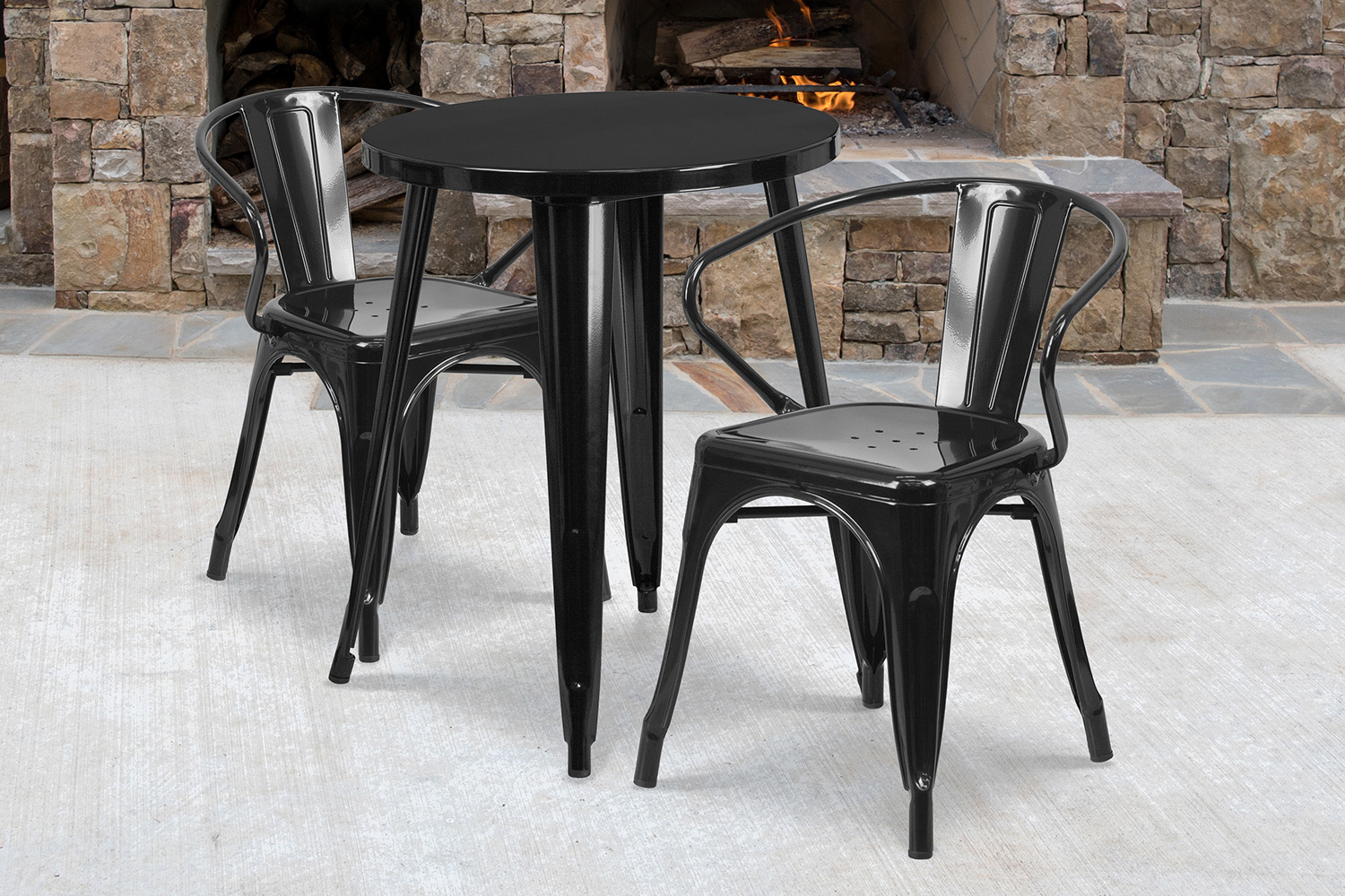 BLNK Napoleon Commercial Round Metal Indoor-Outdoor Table Set with 2 Arm Chairs