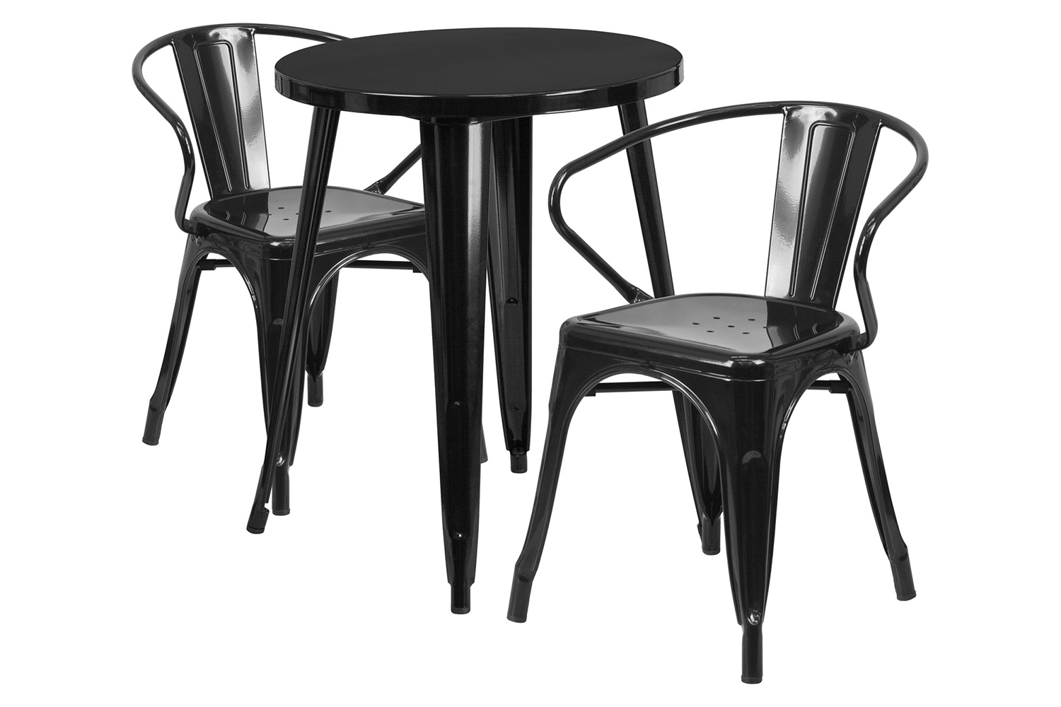 BLNK Napoleon Commercial Round Metal Indoor-Outdoor Table Set with 2 Arm Chairs - Black