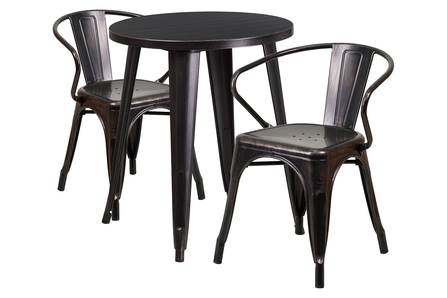 BLNK Napoleon Commercial Round Metal Indoor-Outdoor Table Set with 2 Arm Chairs - Black/Antique Gold