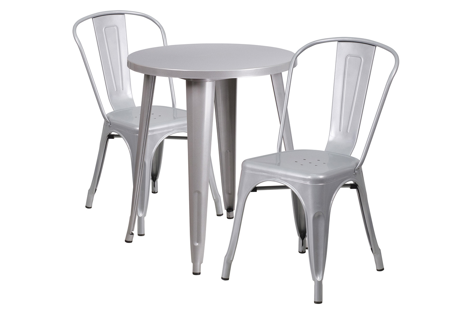 BLNK™ Napoleon Commercial Round Metal Indoor-Outdoor Table Set with 2 Cafe Chairs - Silver