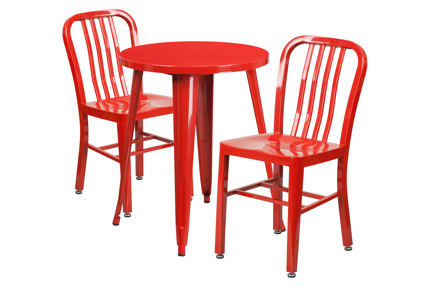 BLNK Napoleon Commercial Round Metal Indoor-Outdoor Table Set with 2 Vertical Slat Back Chairs - Red