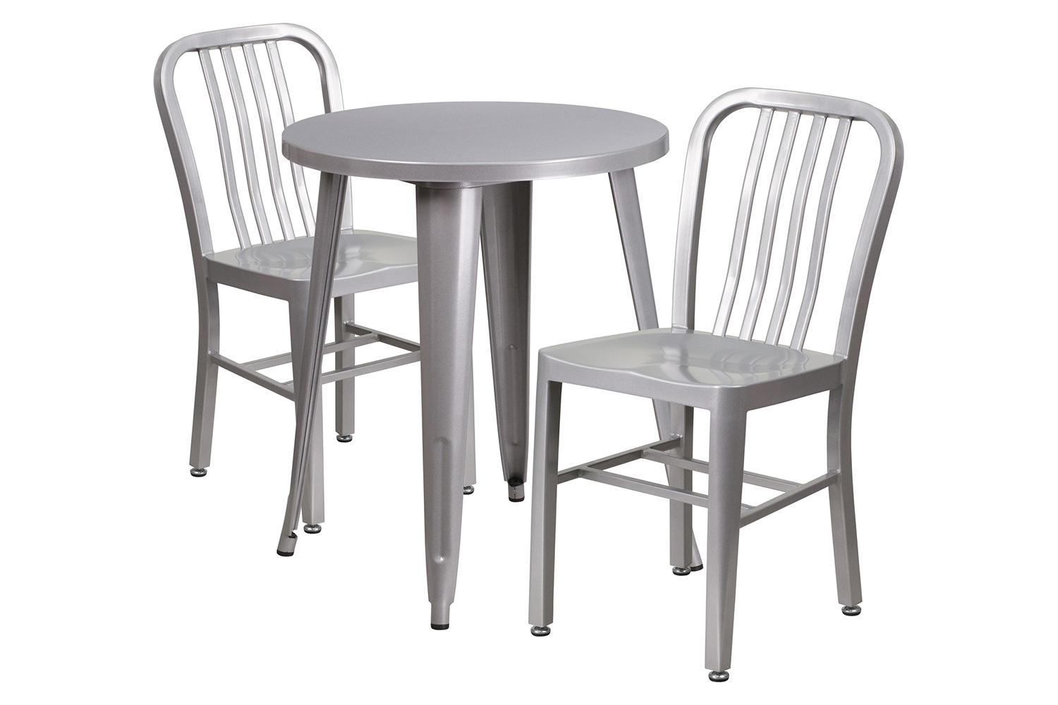 BLNK™ Napoleon Commercial Round Metal Indoor-Outdoor Table Set with 2 Vertical Slat Back Chairs - Silver