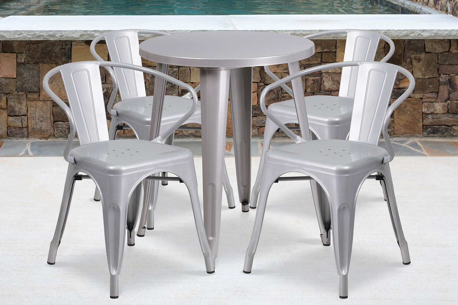 BLNK Chauncey Commercial Round Metal Indoor-Outdoor Table Set with 4 Arm Chairs