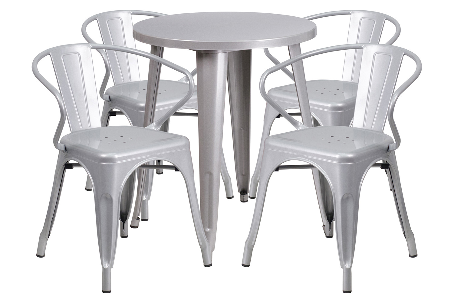 BLNK Chauncey Commercial Round Metal Indoor-Outdoor Table Set with 4 Arm Chairs - Silver