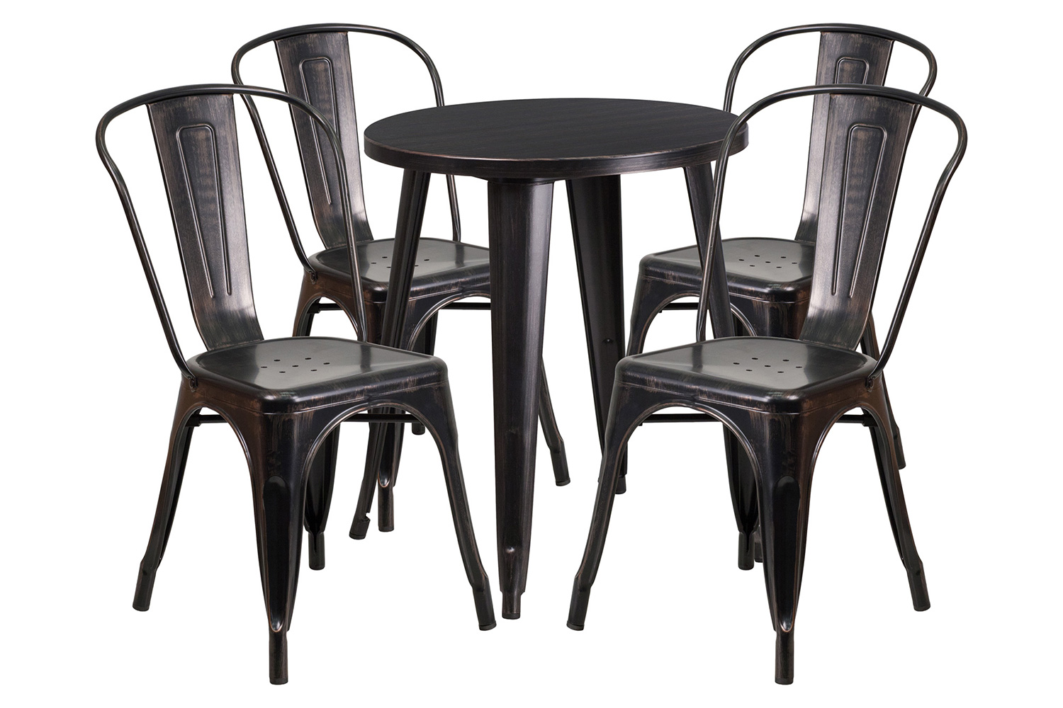 BLNK Chauncey Commercial Round Metal Indoor-Outdoor Table Set with 4 Cafe Chairs - Black/Antique