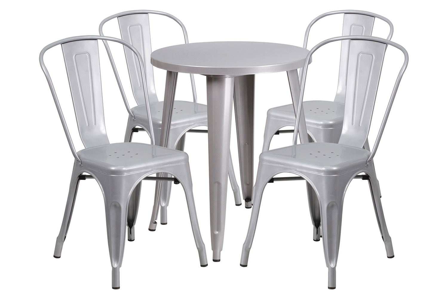 BLNK Chauncey Commercial Round Metal Indoor-Outdoor Table Set with 4 Cafe Chairs - Silver