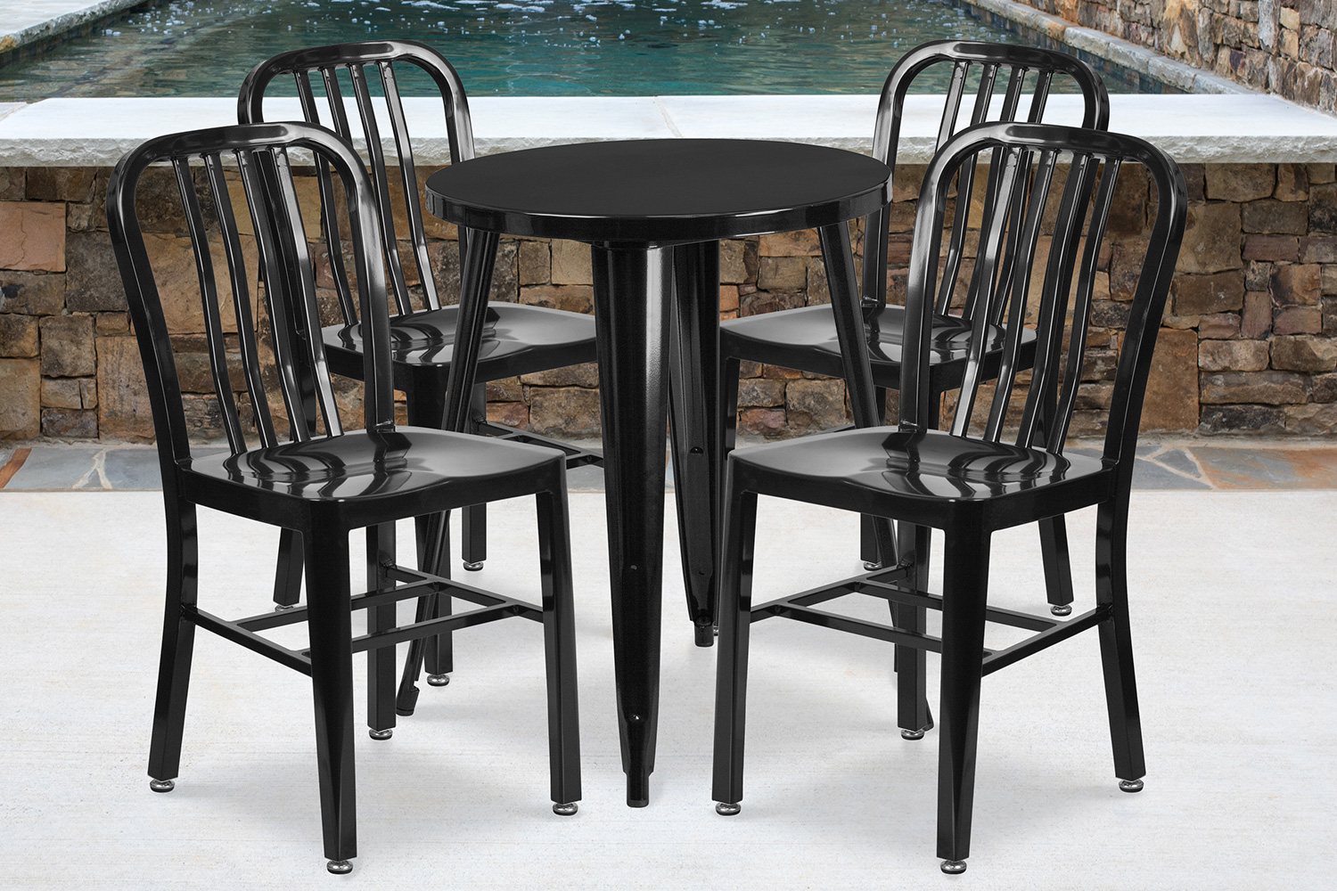 BLNK Thomas Commercial Round Metal Indoor-Outdoor Table Set with 4 Vertical Slat Back Chairs