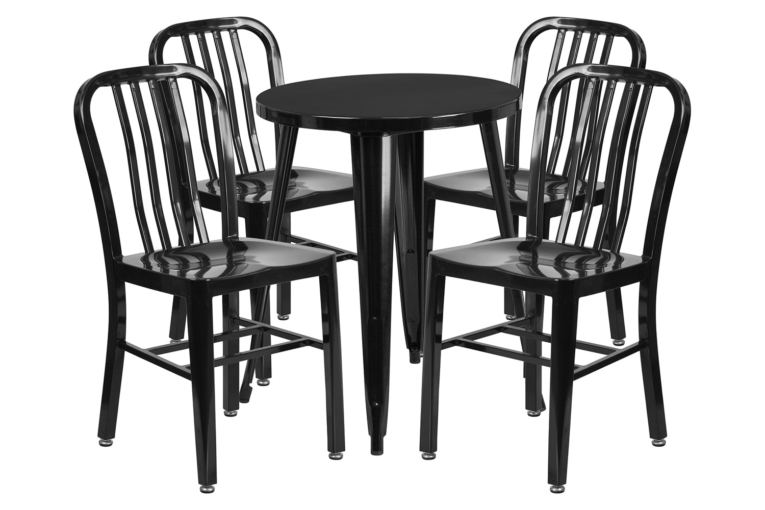 BLNK Thomas Commercial Round Metal Indoor-Outdoor Table Set with 4 Vertical Slat Back Chairs - Black