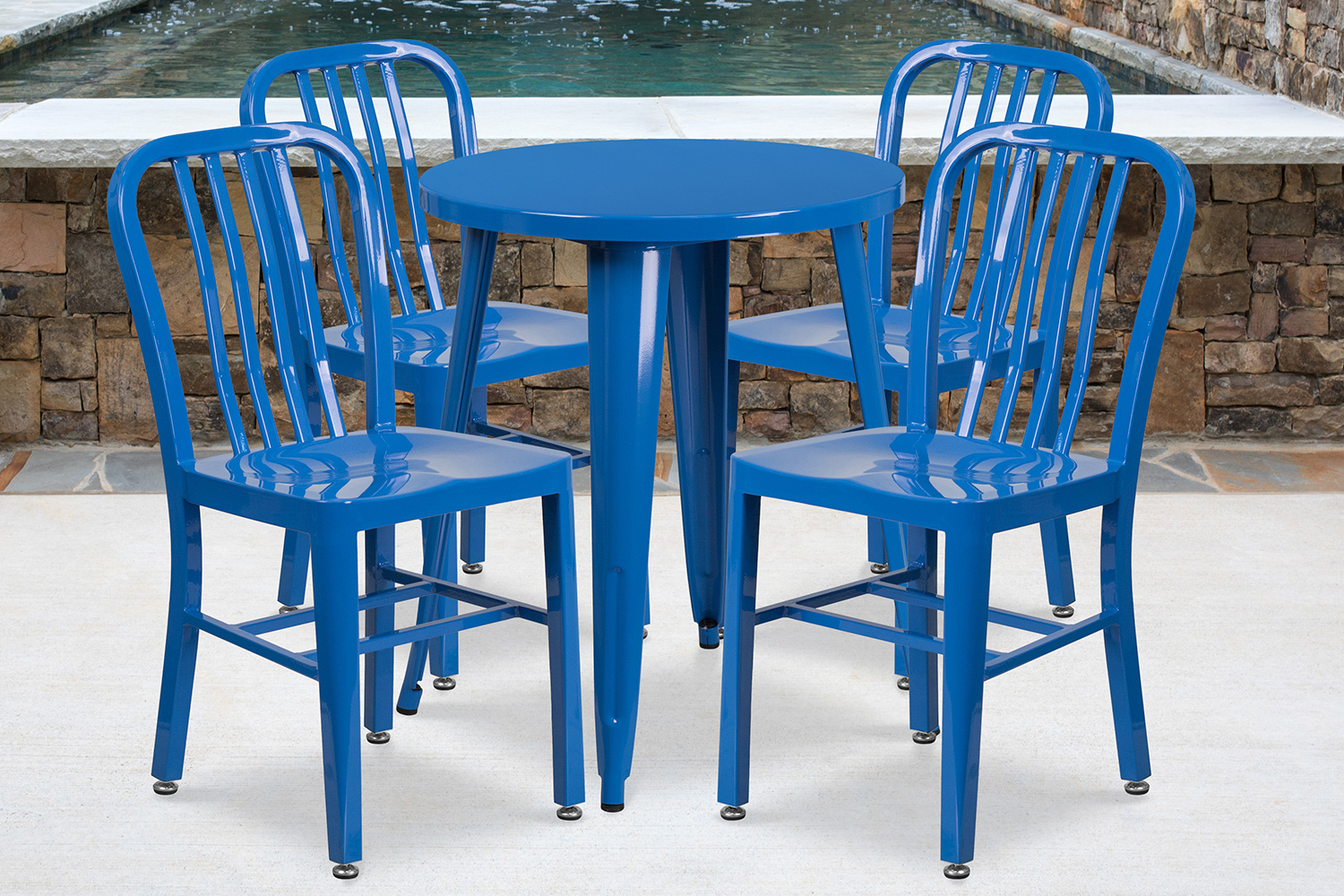 BLNK Thomas Commercial Round Metal Indoor-Outdoor Table Set with 4 Vertical Slat Back Chairs