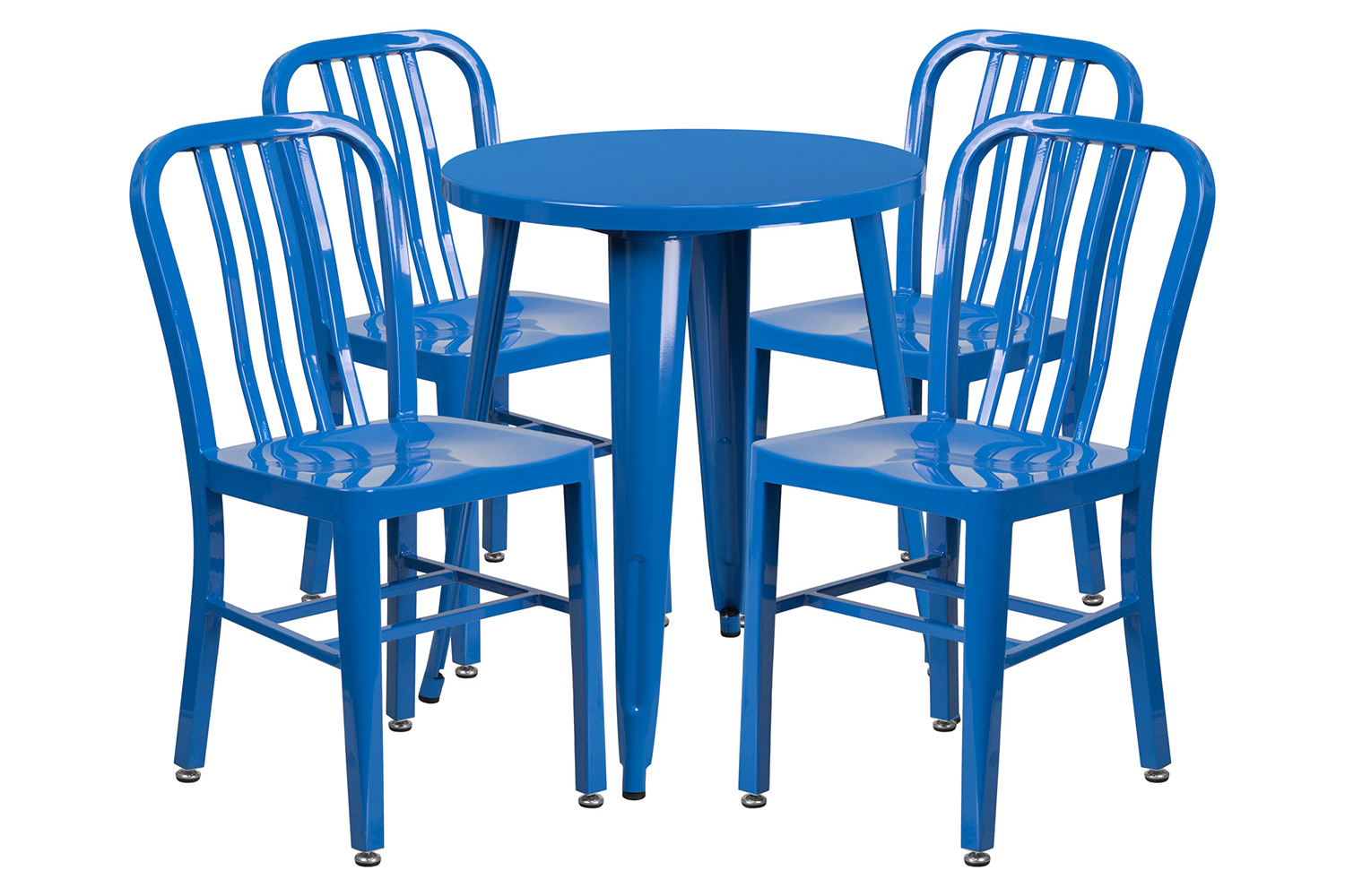 BLNK Thomas Commercial Round Metal Indoor-Outdoor Table Set with 4 Vertical Slat Back Chairs - Blue