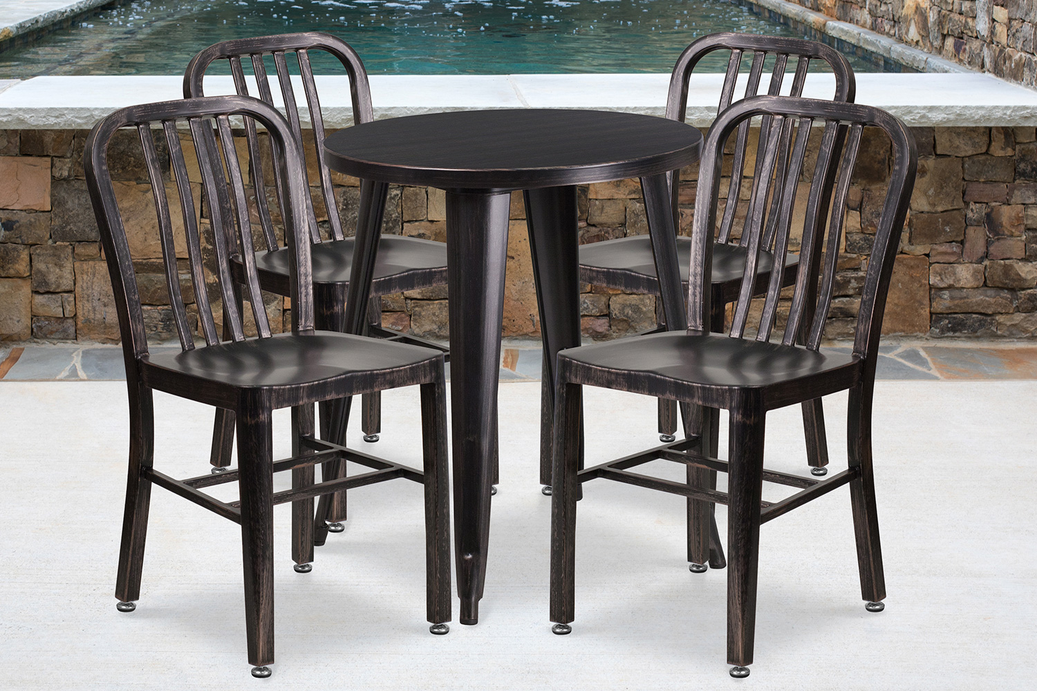 BLNK Thomas Commercial Round Metal Indoor-Outdoor Table Set with 4 Vertical Slat Back Chairs