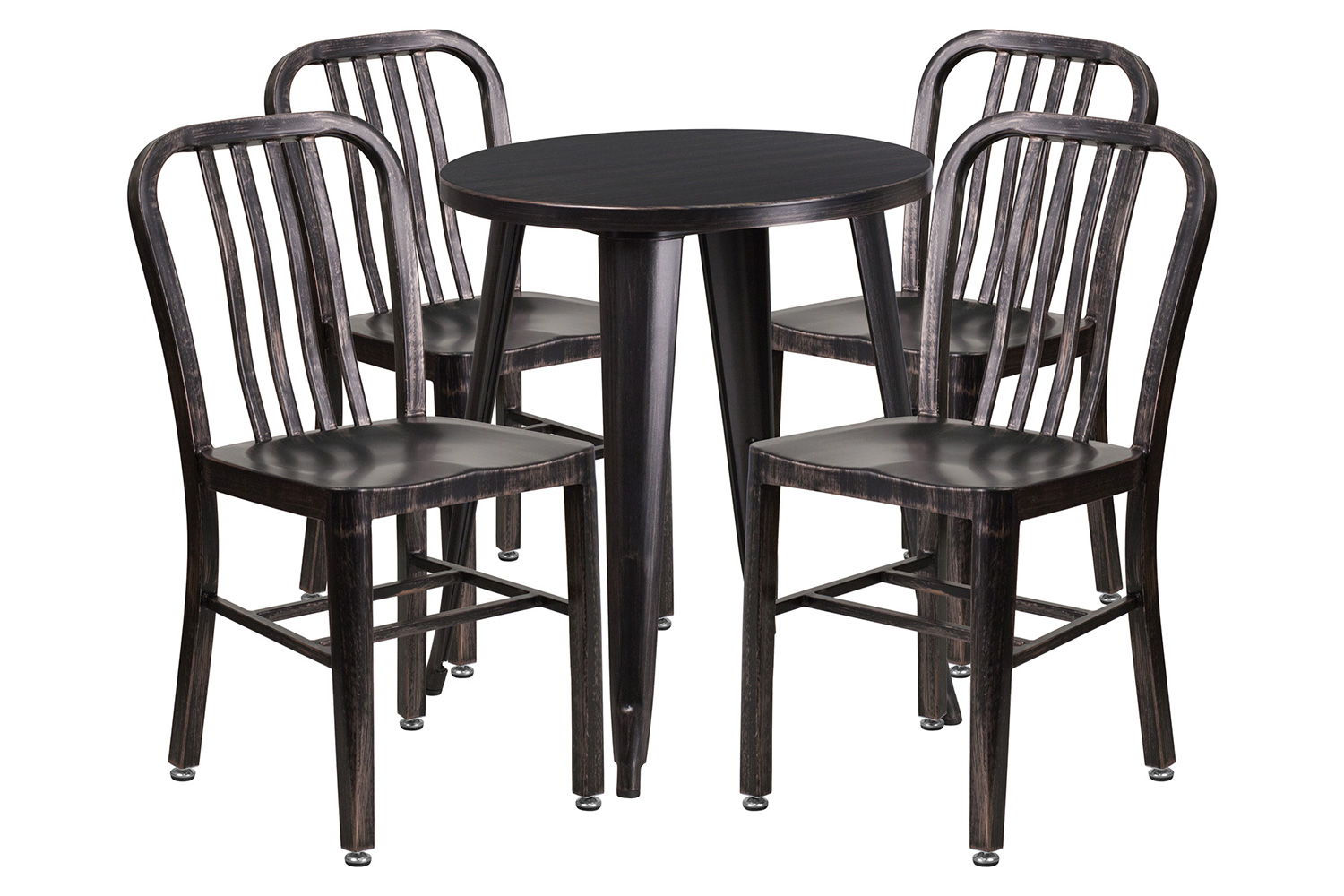 BLNK Thomas Commercial Round Metal Indoor-Outdoor Table Set with 4 Vertical Slat Back Chairs - Black/Antique Gold