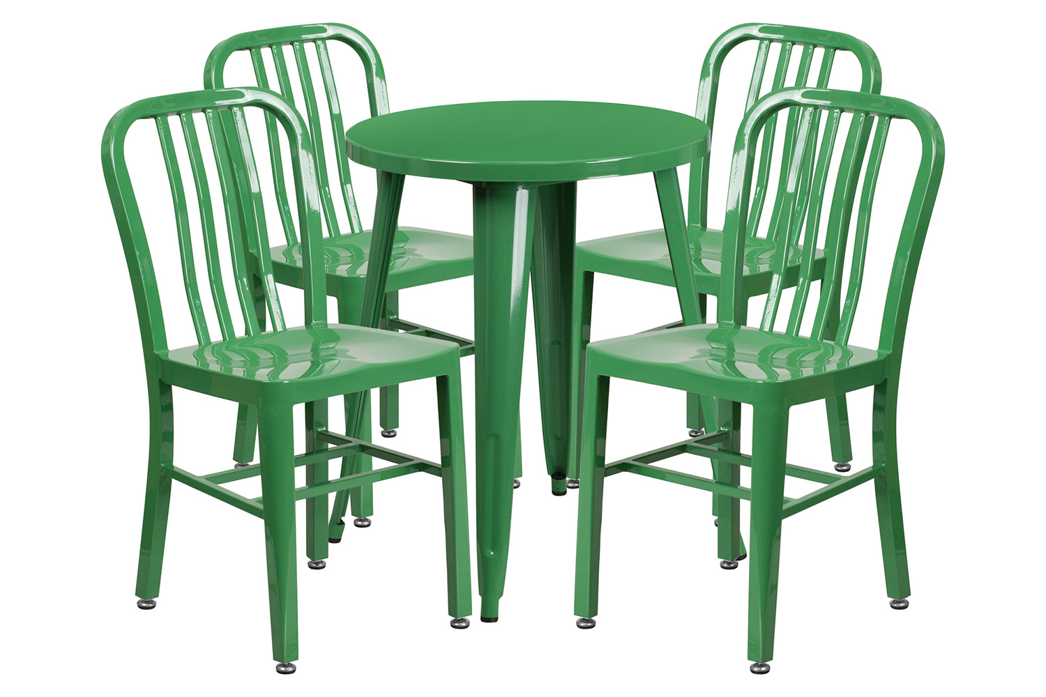 BLNK Thomas Commercial Round Metal Indoor-Outdoor Table Set with 4 Vertical Slat Back Chairs