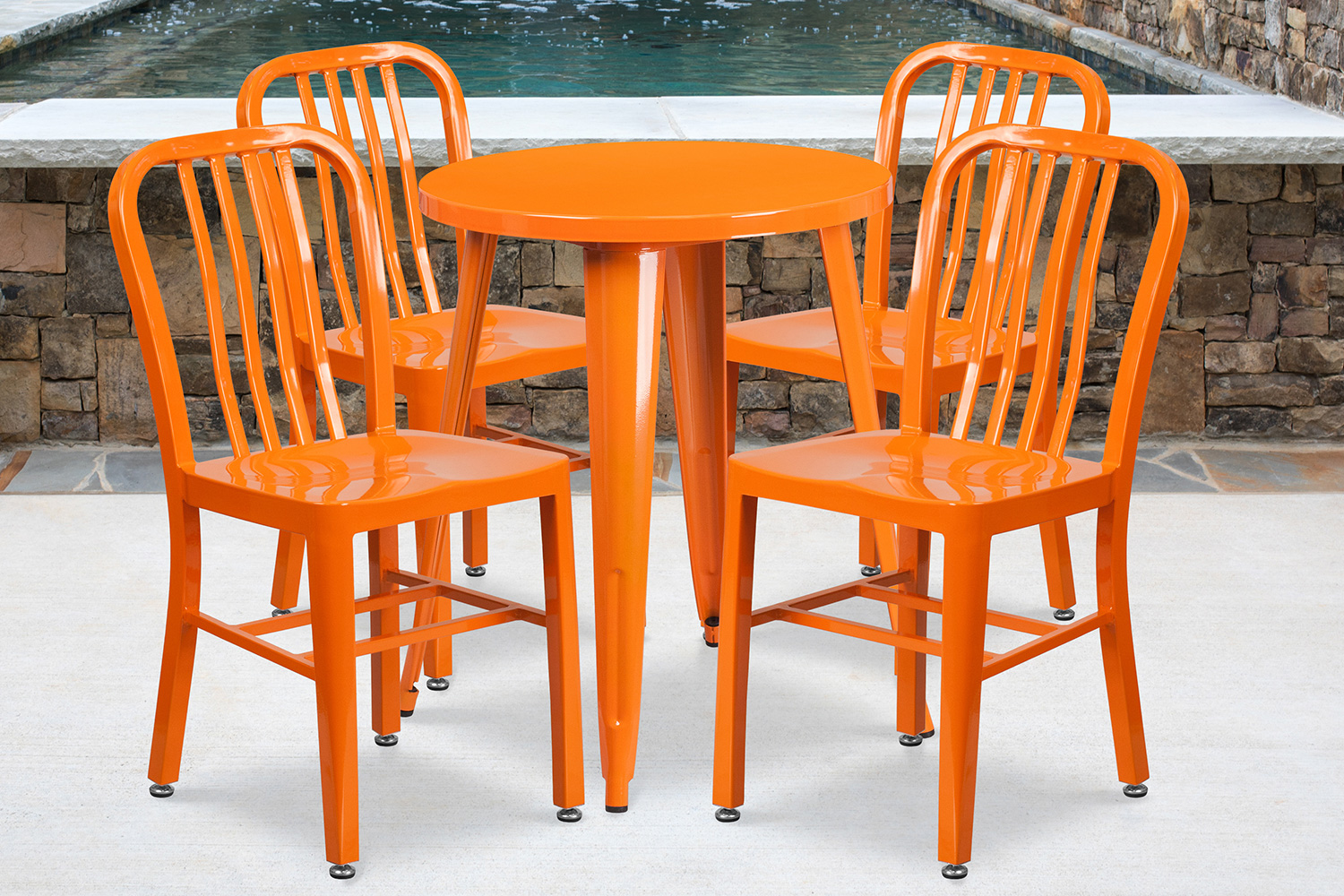 BLNK Thomas Commercial Round Metal Indoor-Outdoor Table Set with 4 Vertical Slat Back Chairs