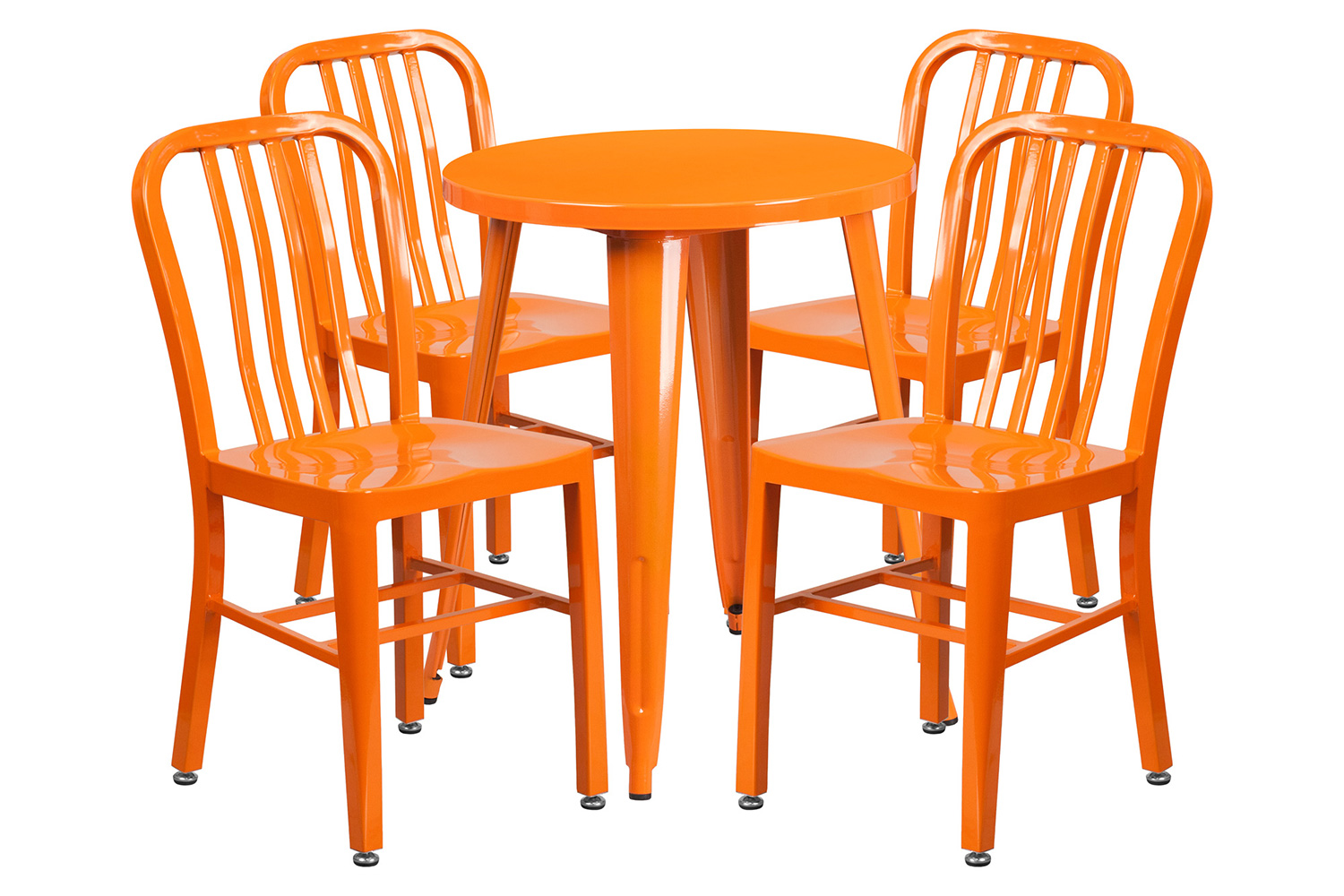 BLNK Thomas Commercial Round Metal Indoor-Outdoor Table Set with 4 Vertical Slat Back Chairs - Orange