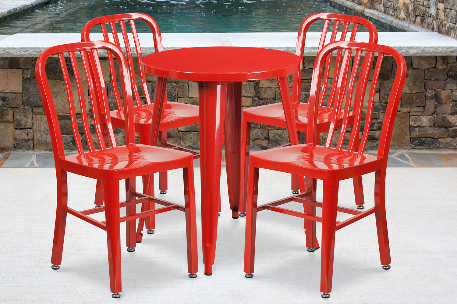 BLNK Thomas Commercial Round Metal Indoor-Outdoor Table Set with 4 Vertical Slat Back Chairs