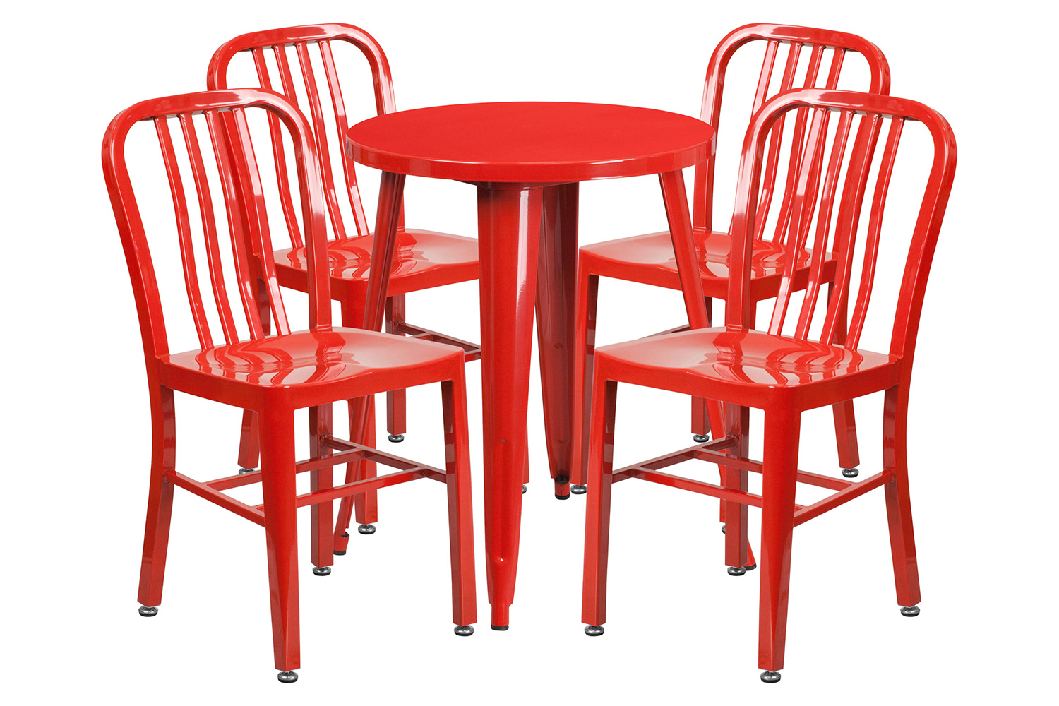 BLNK Thomas Commercial Round Metal Indoor-Outdoor Table Set with 4 Vertical Slat Back Chairs - Red