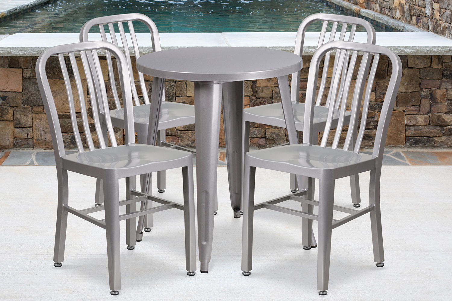 BLNK Thomas Commercial Round Metal Indoor-Outdoor Table Set with 4 Vertical Slat Back Chairs