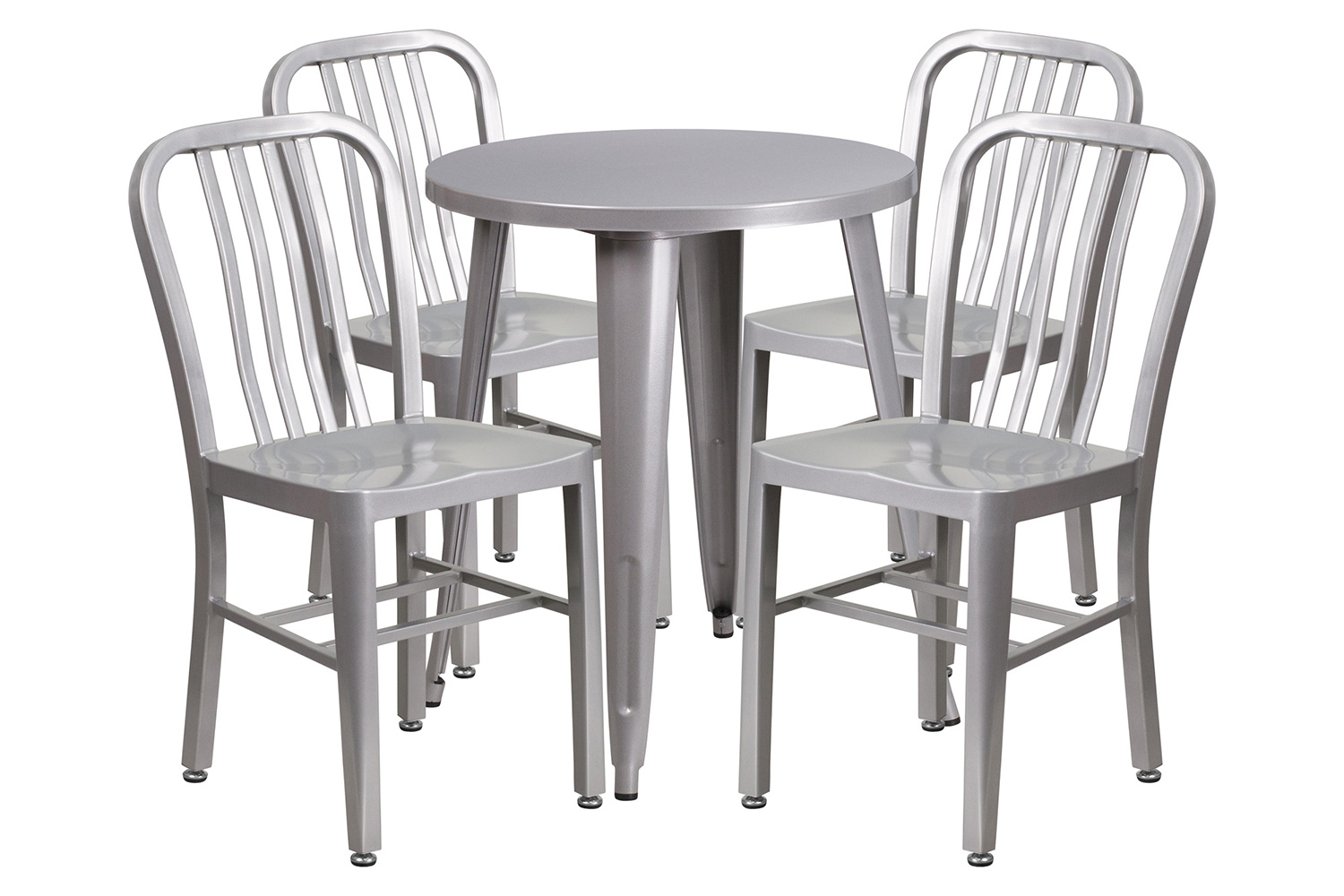 BLNK Thomas Commercial Round Metal Indoor-Outdoor Table Set with 4 Vertical Slat Back Chairs - Silver