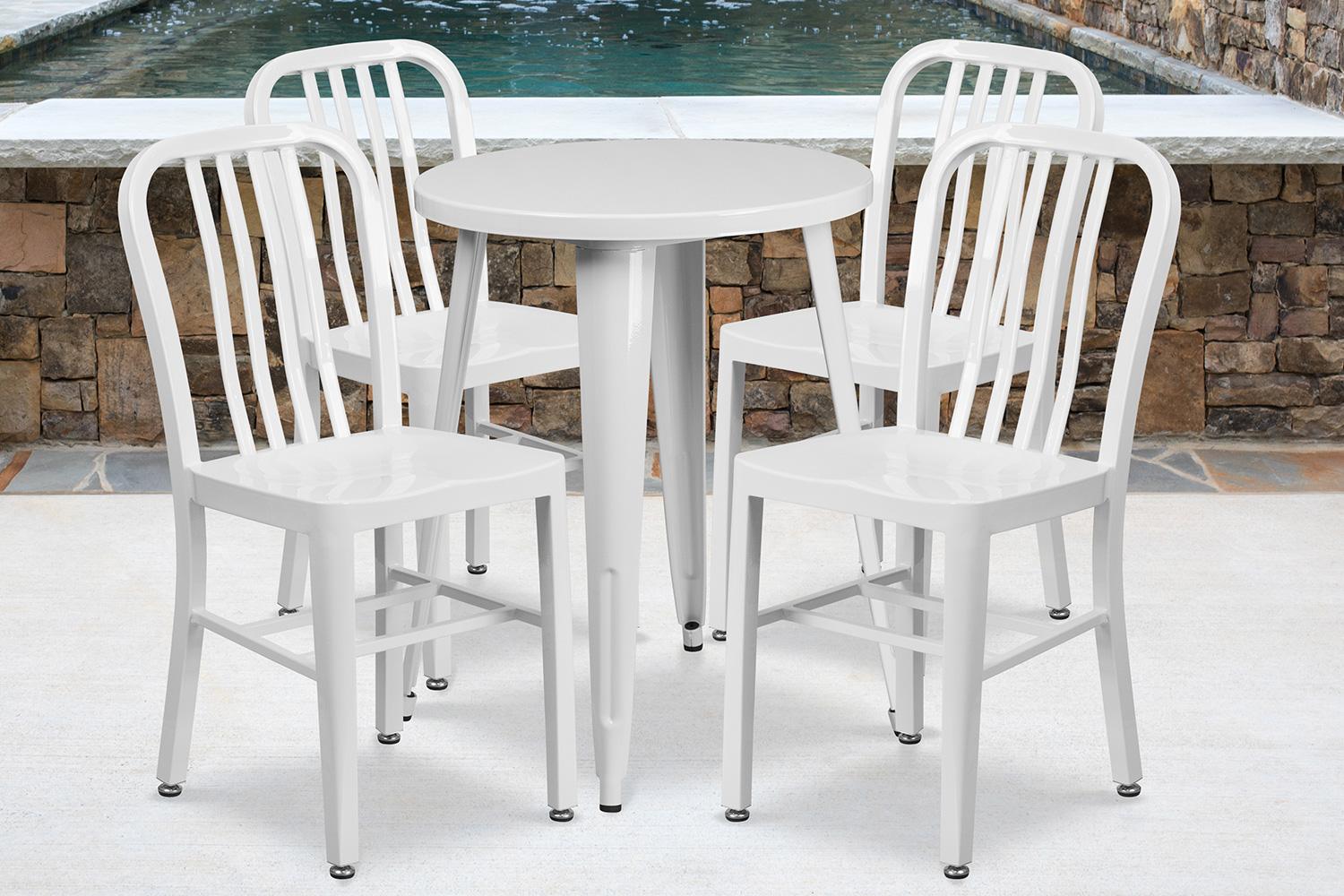 BLNK Thomas Commercial Round Metal Indoor-Outdoor Table Set with 4 Vertical Slat Back Chairs