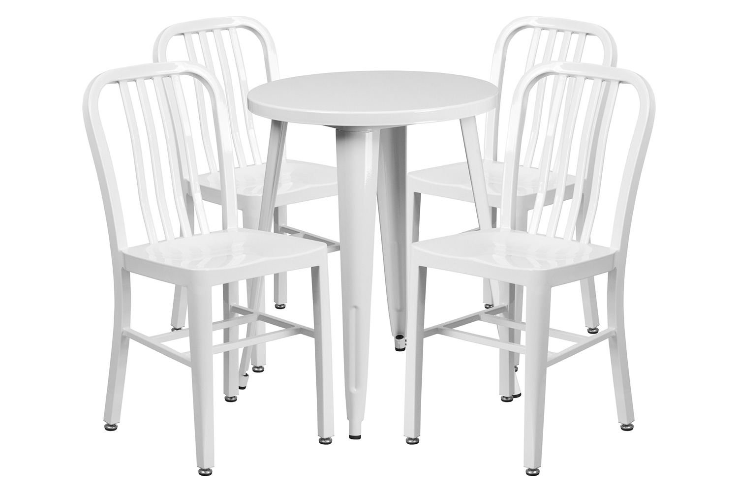 BLNK Thomas Commercial Round Metal Indoor-Outdoor Table Set with 4 Vertical Slat Back Chairs - White