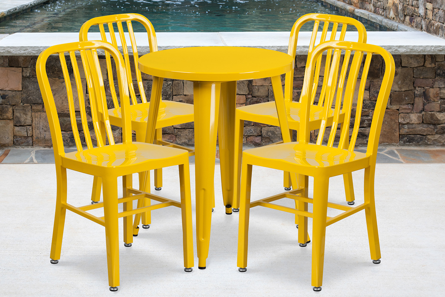 BLNK Thomas Commercial Round Metal Indoor-Outdoor Table Set with 4 Vertical Slat Back Chairs