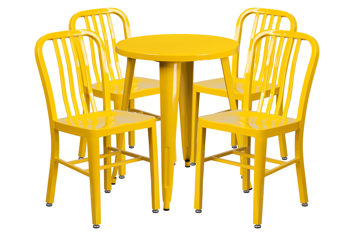 BLNK Thomas Commercial Round Metal Indoor-Outdoor Table Set with 4 Vertical Slat Back Chairs - Yellow