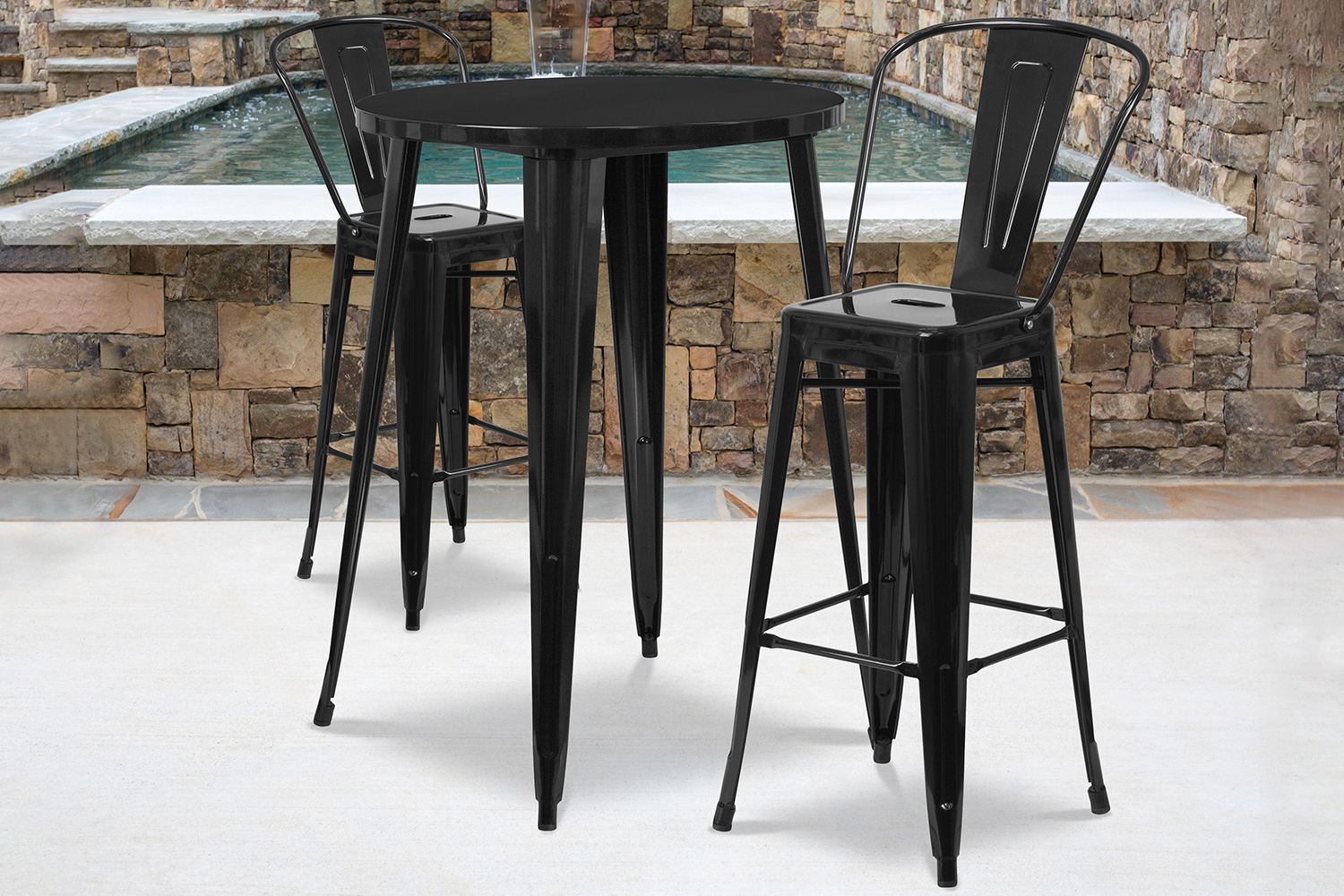 BLNK Caron Commercial Round Metal Indoor-Outdoor Bar Table Set with 2 Cafe Stools